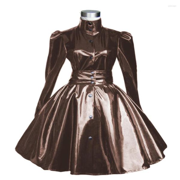 Lässige Kleider Herren Womens Full Circle Skater Kleid Fetisch PVC Stand Kragenknopf plisdern