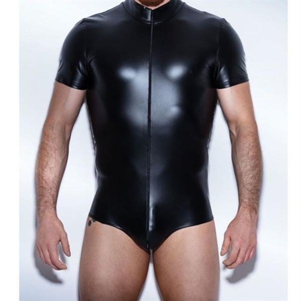 Macacão de couro masculino Macacão de látex de couro sintético sem virilha Roupas masculinas gays Macacão de lingerie sexy de uma peça Un331i