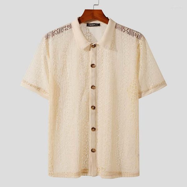 Männer Casual Hemden INCERUN 2023 Männer Hemd Mesh Spitze Solide Transparente Revers Kurzarm Button Up Kleidung Streetwear Sommer Sexy Camisas