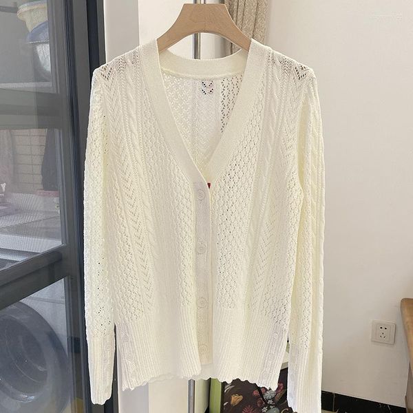 Maglioni da donna Hollow Out Hole Fashion Knitting Cardigan maglione da donna Colore bianco Primavera maniche lunghe Cappotto pullover hip-hop allentato