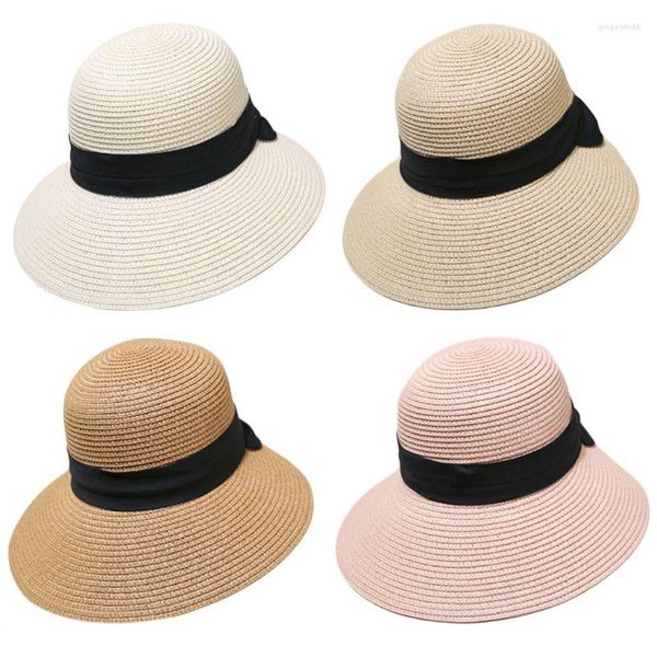 Hüte mit breiter Krempe für Damen, Sommer-Strohkappe, schwarze Schleife, faltbar, UV-Schutz, Tropfenform