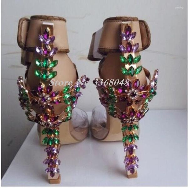 Sapatos sociais femininos de luxo, joias, sandálias gladiadoras transparentes, patchwork de PVC, cadeado, tira no tornozelo, salto alto