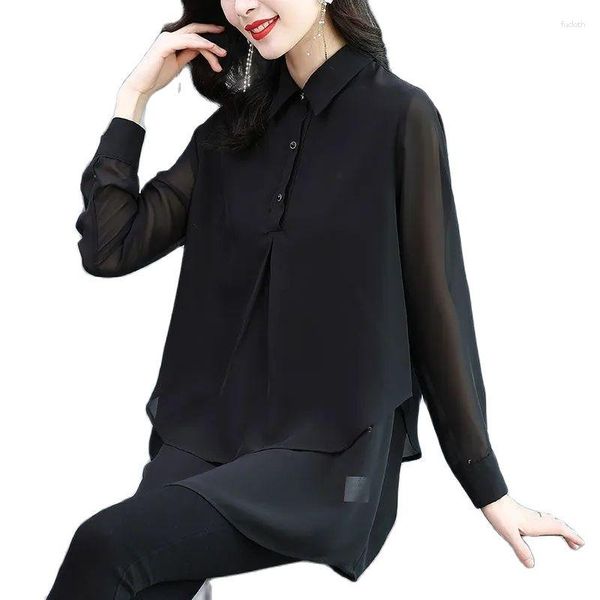 Camicette da donna Fashion Design Camicetta in chiffon nero Camicetta 2023 Estate Autunno Temperamento allentato che copre la pancia Top femminile