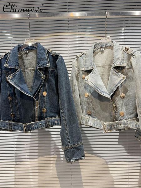 Jaquetas femininas 2023 outono streetwear menina oblíqua zíper jaqueta jeans moda lavada motocicleta casaco curto manga longa