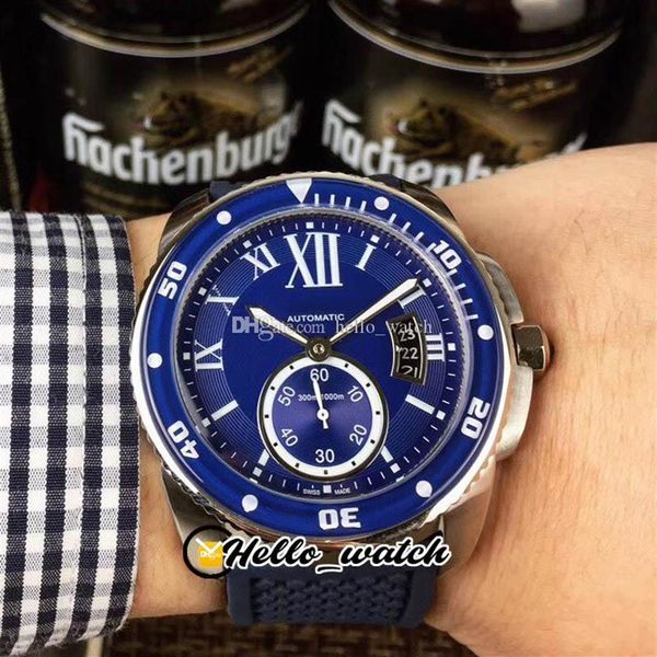 42 мм калибр de Dive WSCA0011 Азиатские автоматические мужские мужские часы Blue Dial Big Date Roman Mark Steel Case Watches Hello Watch329t