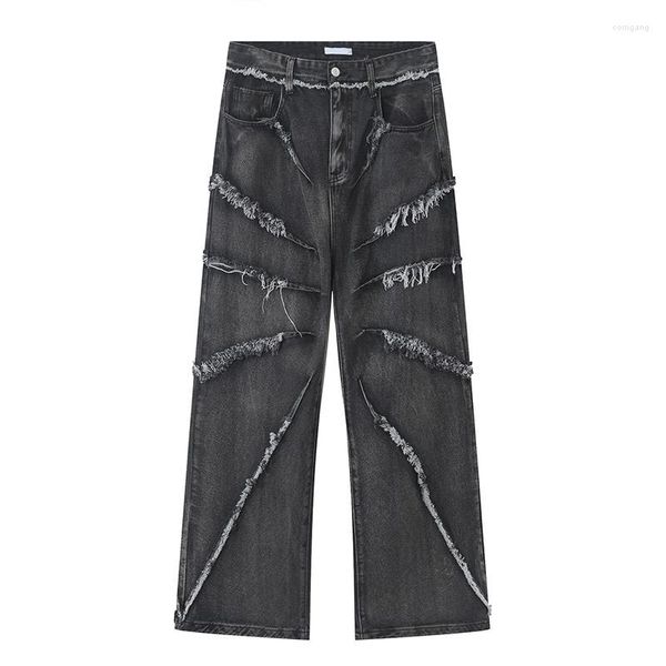 Calça jeans masculina Vinatge com borla esfarrapada Hip Hop calça jeans solta azul para homens patchwork