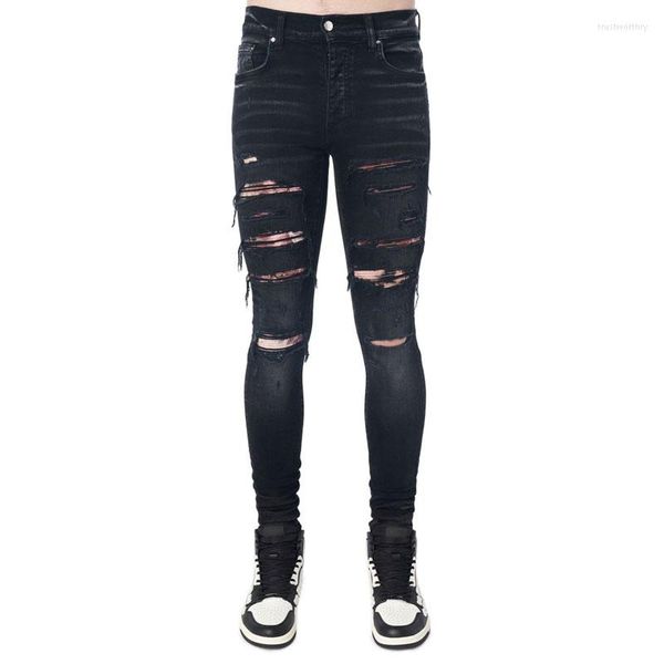 Jeans Masculino Moda de Rua Masculino Preto Cinza Skinny Rasgado Calças Stretch Leopard Patched Designer Hip Hop Brand Brand Pants Hombre