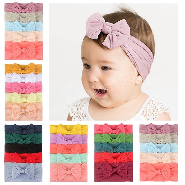 5 pz/lotto Infantile di Colore Solido Bowknot Elastico Largo Hairband Archi Fatti A Mano Fascia di Nylon Accessori Per Capelli Del Bambino Regalo Dei Capretti