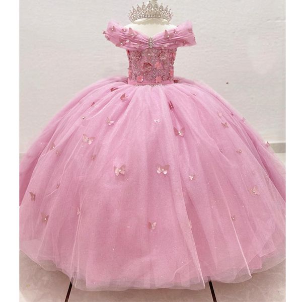 Rosa glänzendes Blumenmädchenkleid aus der Schulter, Prinzessin, Ballkleid zum Geburtstag, Spitze, Kristalle, Perlen, Schleife, Vestidos Para Ninas