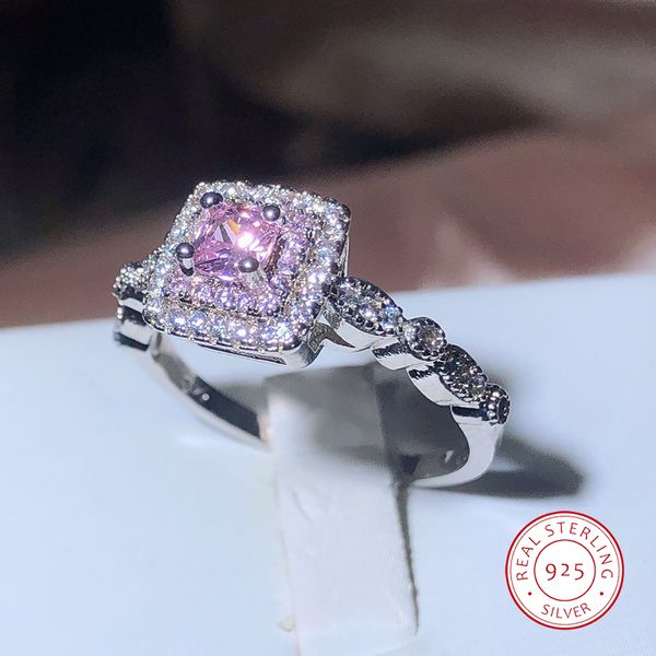 New Square Big Pink AAA Cubic Zircon Rings For Women 925 Silver Trendy Party Engagement Wedding Jewelry Anello geometrico in zircone