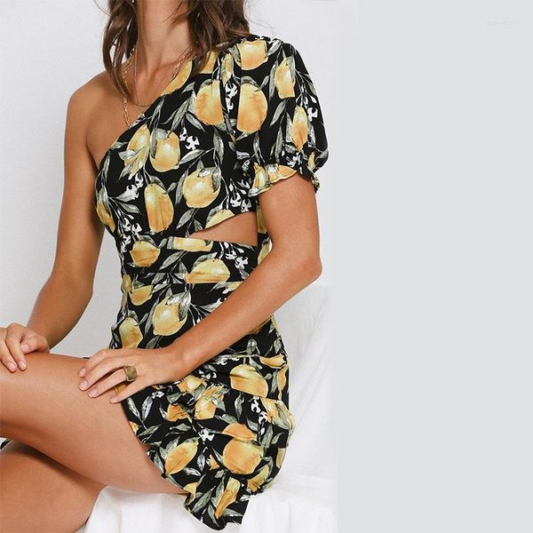 Lässige Kleider 2023 One-Shoulder Hollow Damenkleid Sexy Off-Shoulder Mode Damen Vestidos Lemon Print Rüschen Plissee Sommer