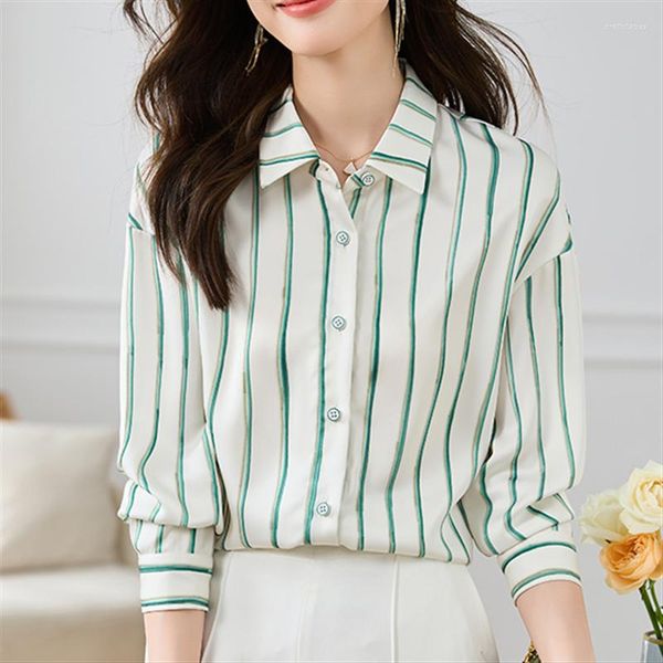 Женские блузки корейская мода полосатые женские женские вершины рубашка повседневная простая трудная женщина шифоновый длинное рукав белый блузка