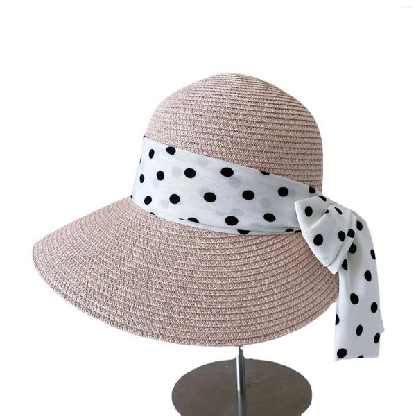 Cappelli a tesa larga 2023 Inghilterra Vinage Fiocco a nastro punteggiato Cappello estivo da donna Irregolare Secchiello spaccato Primavera Paglia Spiaggia Sole Chapeau