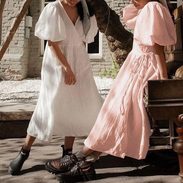 Anzüge Vintage 100 % Baumwolle Damen Kleid Retro Krepp Gaze V-Ausschnitt Puffärmel Bandage Schnürung Elegante Kleider für Frauen Lange Maxi Robe