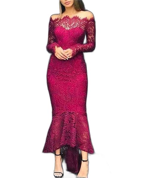 Abito da sposa a sirena bordeaux con spalle scoperte Abiti da damigella d'onore africani Manica lunga Damigella d'onore Cocktail party economico