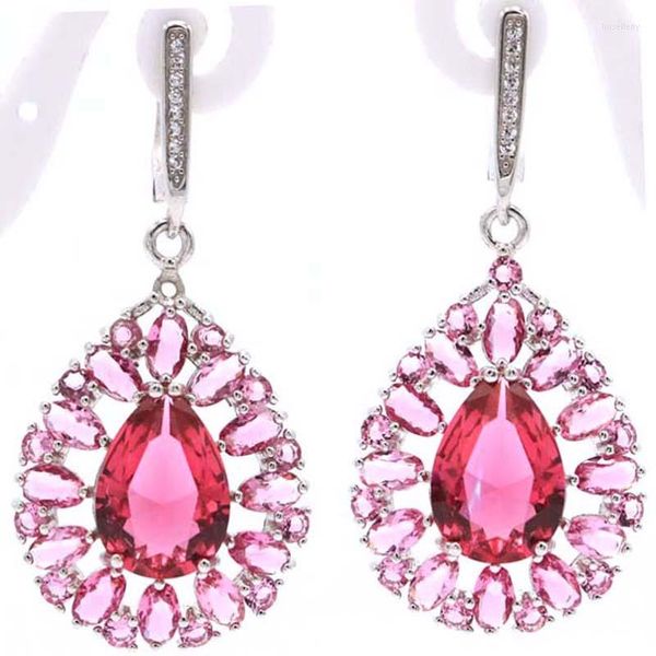 Orecchini pendenti 47x22mm Set di gioielli Jazaz Luxury 9.68g Creato tormalina rosa blu acquamarina CZ 925 Ciondolo in argento sterling massiccio