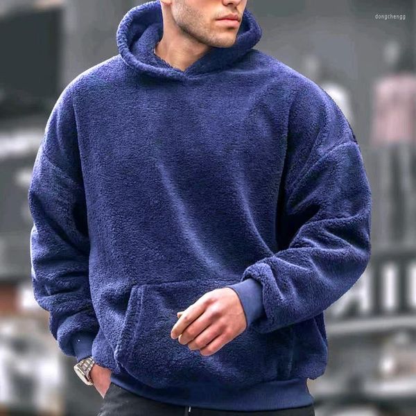 Felpe con cappuccio da uomo Felpa con cappuccio in pelliccia di agnello Inverno Felpa tinta unita color corallo Jogging Moda Allentato Super Wind Flangia Pullover Streetwear