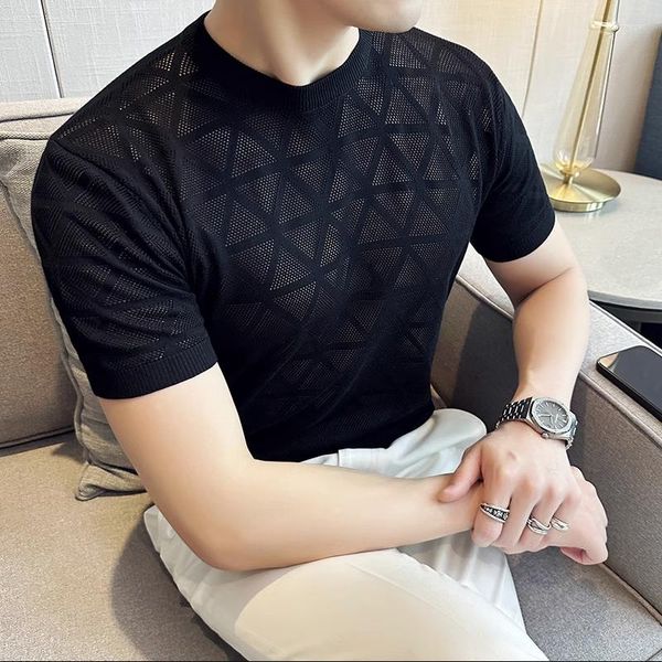 Camisetas masculinas Men See Through Top Tees Malha transparente T-shirts de malha Verão Manga curta O-neck Elasticidade Casual Hollow Out T-shirts