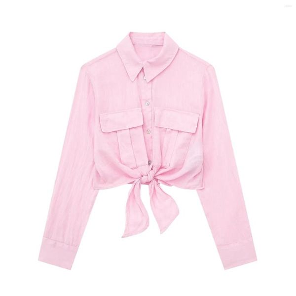 Blusas femininas verão camisa rosa bandagem sólida manga longa top casual solto elegante ins cropped tops com bolsos camisas femininas