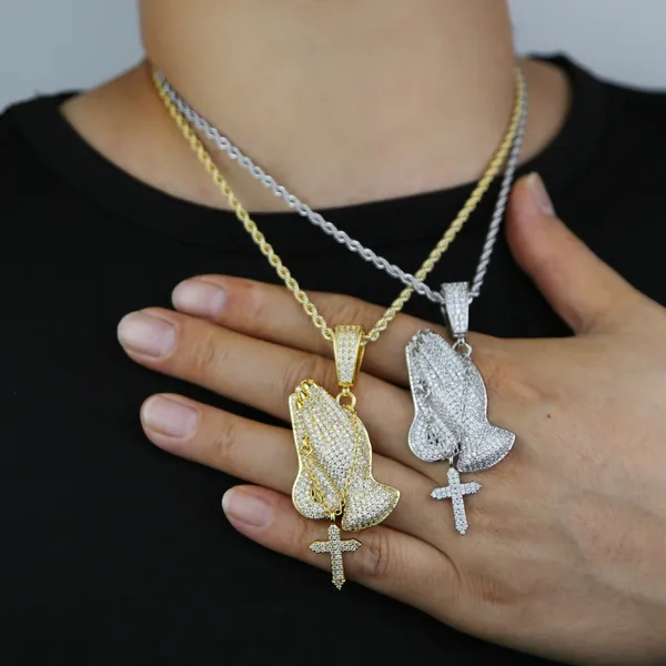 pregare ciondolo croce a mano Collana con catena di corda Alta qualità donna uomo ragazzo Iced Out gioielli regalo di moda con zirconi pavimentati