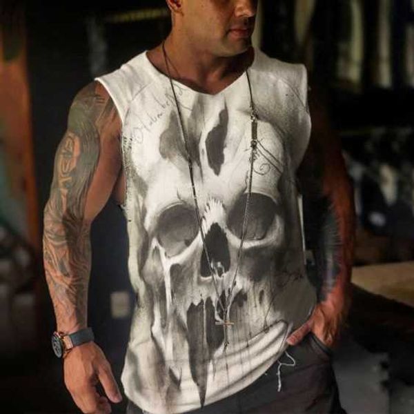 Herren Tank Tops Schwarz Schädel T-shirt Männer Punk Skeleton T-shirt Rock Gun Tank Tops Weste 3d Print T-shirt Vintage Gothic Herren Kleidung Sommer Tops L230713