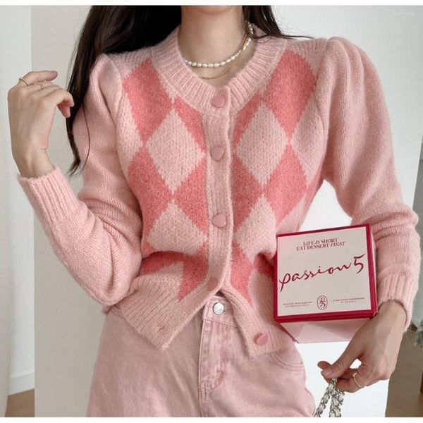 Gilet da donna Ragazza Kawaii Argyle Cardigan Maglione Top Donna Vintage Dolce Allentato Lavorato a Maglia Moda Coreana Harajuku Streetwear G142