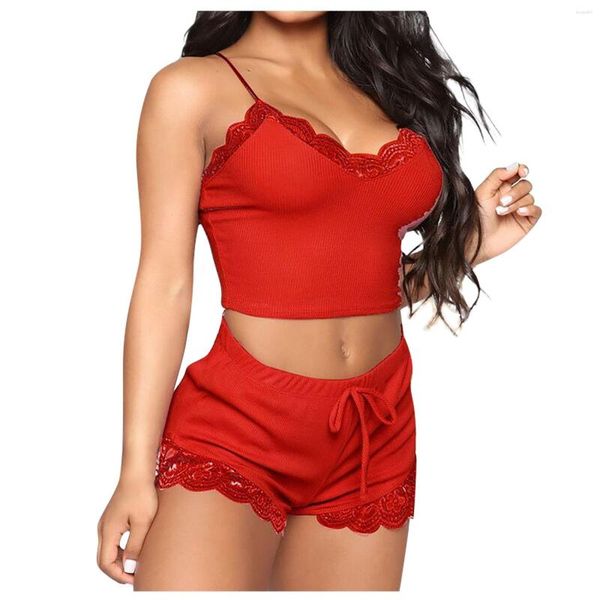 Pijamas femininos Roupas íntimas sexy Shorts suspensórios de cor sólida Pijama de duas peças Pijama de renda com decote em V Pijama sem manga Cami Top e