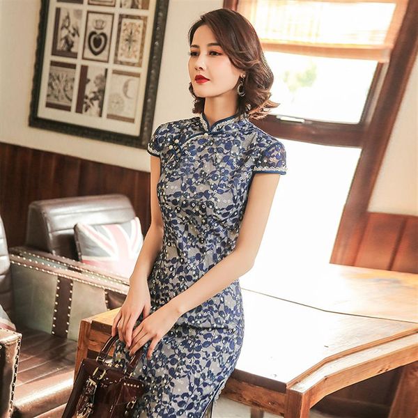 SHENG COCO Abito Qiapo in pizzo da donna Blu navy Cheongsam Modello di foglie Abbigliamento tradizionale Abiti cinesi Qipao in pizzo più recenti226T