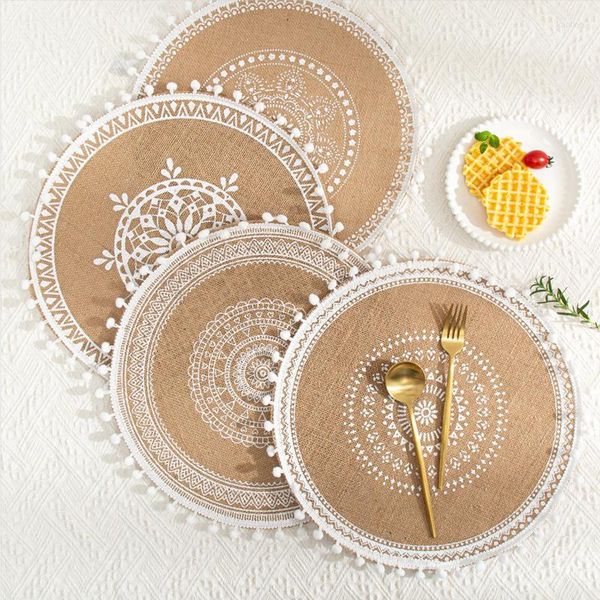 Masa Paspasları Tassel Placemats Baskılı Çok Fonksiyonlu Jüt Placemat Yuvarlak Nakış Dantel Nordic Style Slip Olmayan Bardak