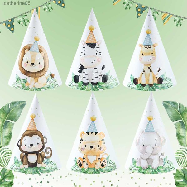 6 pz / lotto New Lovely cartoon Jungle Lion Festa a tema Tappi di carta Cartoon Animal Cappelli per feste per bambini Forniture per feste di compleanno L230621