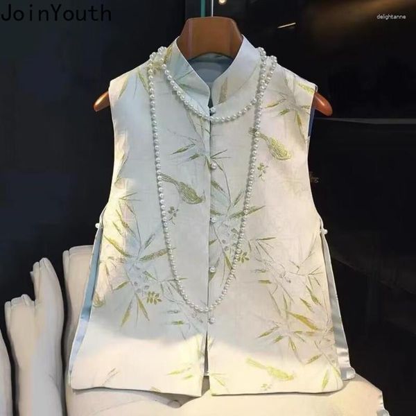Coletes femininos estilo chinês colete vintage para mulheres com decote em O sem mangas jacquard túnica colete 2023 Ropa Mujer temperamento moda tanques