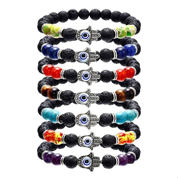 Pulseiras com miçangas de mão de Fatim, contas de rocha de lava, com contas, para mulheres e homens, difusor de óleo essencial de olhos azuis malignos, pedra de chakra 7, faça você mesmo, judeu Dhsl8