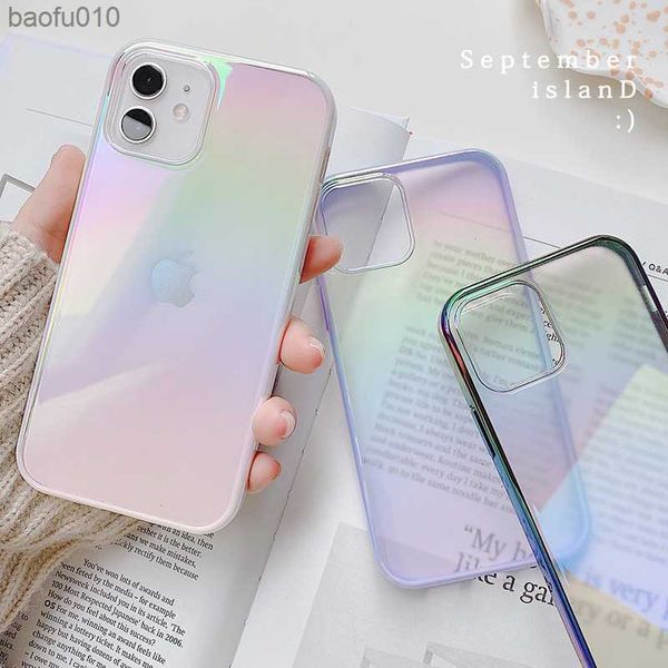 Luxo Quadrado Brilhante Galvanoplastia Transparente Laser Rainbow Soft Hard Phone Case Para iPhone 14 13 12 Pro Max 11 Mini Cover L230619