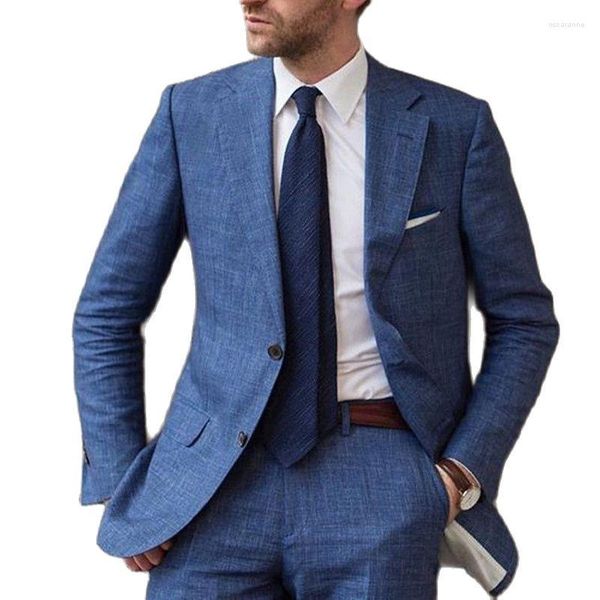 Herrenanzüge Blau 2 Stück Leinen Bräutigam Smoking für Hochzeit am Strand Slim Fit Herren Prom Abendessen Lässiger Blazer Männer Trauzeugenanzug Männlich