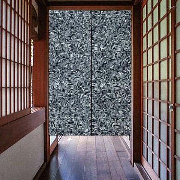 Cortina Estilo Japonês Azul Profundo e Branco com Padrão de Ondas para Porta Tecido de Linho Divisória Curto