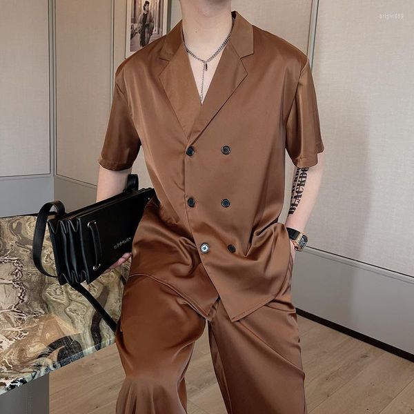 Agasalhos masculinos SYUHGFA cor sólida sedas cetins camisas de manga curta masculino casual conjuntos de duas peças 2023 conjunto de moda simples solto coreano