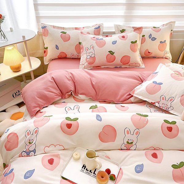 Set di biancheria da letto Set rosa pesca Cartone animato Copripiumino per bambini Federa Lenzuolo Ragazzi Ragazze Biancheria da letto Lenzuola singole doppie