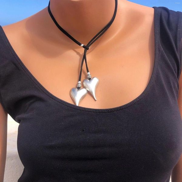 Choker 2023 Mode Frauen Vintage Böhmischen Doppel Unregelmäßige Liebe Herz Y Förmigen Anhänger Leder Seil Lariat Halskette Jewerly