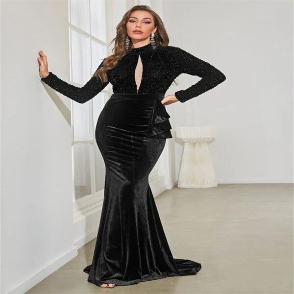 Elegantes schwarzes Pailletten-Abendkleid 2023, langärmelig, Stehkragen, Übergröße, Samt-Abschlussballkleid, schicker formeller Anlass, Party, arabisches Kleid, Dubai-Abaya-Abendkleider