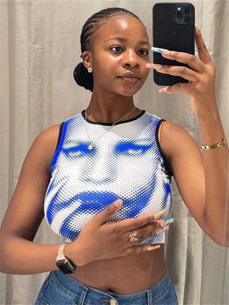 Damen T-Shirt Großhandel Sommer Outfits Y2K Streetwear 3D Print Crop Tank Top T Shirts O Hals ärmelloses Tank Top Blau Streetwear T-Shirts L230713