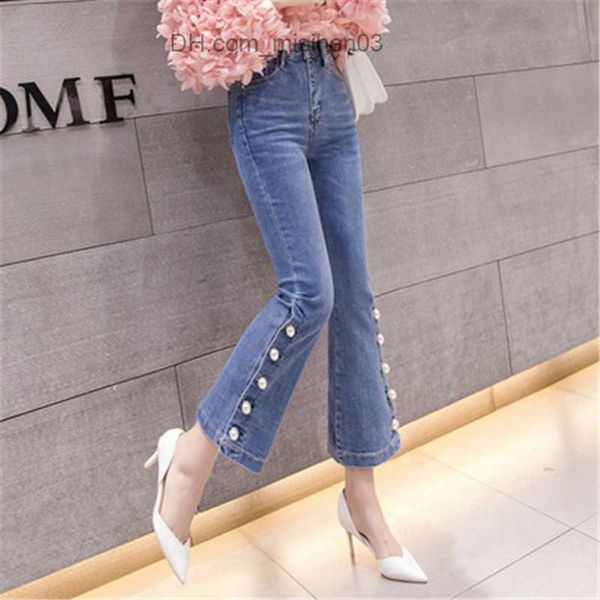 Kadınlar Kot Bahar 2020 Yaz Kadın Denim Pantolon Yeni Moda Yüksek Bel İnci Boncuklar Ultra İnce Elastik Bölünmüş Kot Horn AH231 Z230717