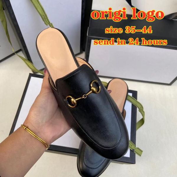 Designer Mules Leder Slipper Runde Zehen Loafer Rückenfrei Echtes Leder Frau Mann Weiß Schwarz Metallschnalle Damen Flache Hausschuhe 35-44