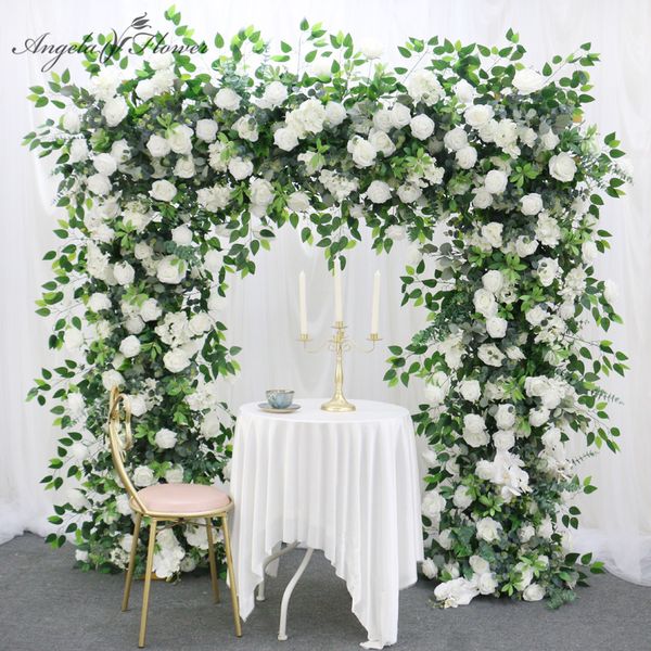 Flores secas Rosa branca Verdura Folhas de banyan Arranjo de flores Cenário de casamento Decoração Adereços Arco de festa Pendurado Floral Piso do palco 230714