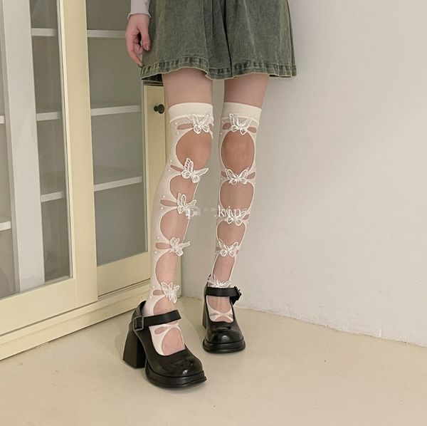 Damen-Leggings, sexy Damen-Spitze, 3D-Schmetterling, hohe Röhrensocken, Kawaii-Lolita, niedliche knielange, ausgehöhlte Socken, Trashy Y2K 2000er-Jahre-Teenager-Mädchen-Sommersocken