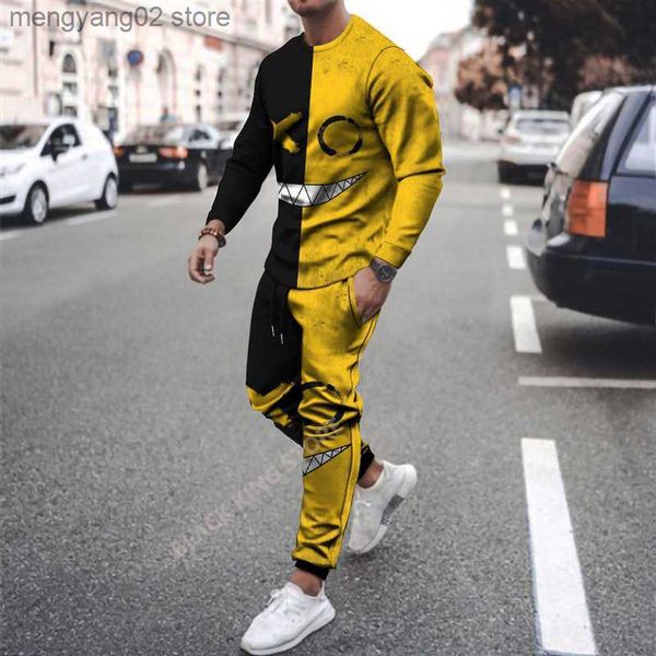 Tute da uomo Giallo Sorridente Modello XXOO Pantaloni da uomo a maniche lunghe Set da 2 pezzi Stampato in 3D Girocollo vintage Abito traspirante di alta qualità T230714