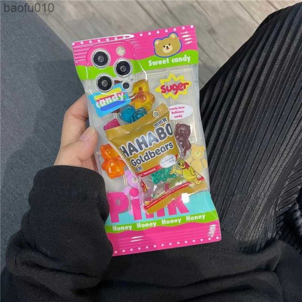 Корейский 3D Gummy Bears Derver Stand Trange Transparent Mitue Phone Case для iPhone 14 12 13 11 Pro Max XR XS 7 8 Plus SE3 Cover L230619