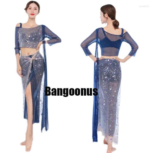Стадия ношения живота танцевальная юбка с 2 частями набор для сетки сетки сетка сетка Sexy Elegant Fairy Comse Blue