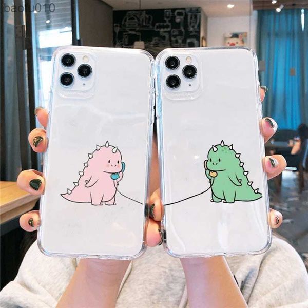 Cartoon sevimli dinozor çift kılıfı iPhone 14 7 8 Plus 13 11 Pro 12 Mini XR X XS Max SE2020 Clear Silikon Koruma Kabuğu L230619