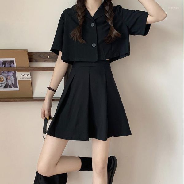 Vestido de duas peças para verão, moda coreana, conjunto feminino, estilo universitário, preto, manga curta, parágrafo curto, saia superior, conjuntos de duas peças combinando
