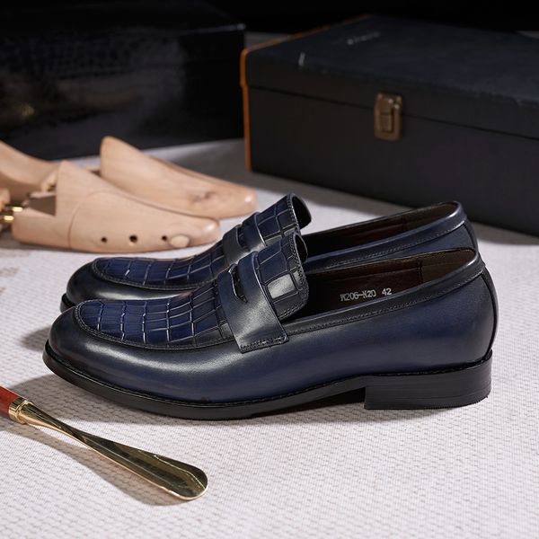 Mens Penny Mocassins de Luxo Couro Genuíno Feito à Mão Estampado de Jacaré Sapato Vestido de Festa de Casamento Sapato Casual para Escritório Masculino